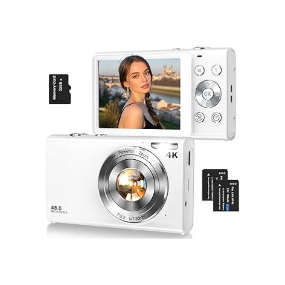 Digital Camera,Autofocus 4K Vlogging Camera for Photography with 32GB Card,48MP Portable Compact Point and Shoot Digital Camera for Teens Adult Beginner with 16X Zoom,Anti-Shake,2 Batteries(White)