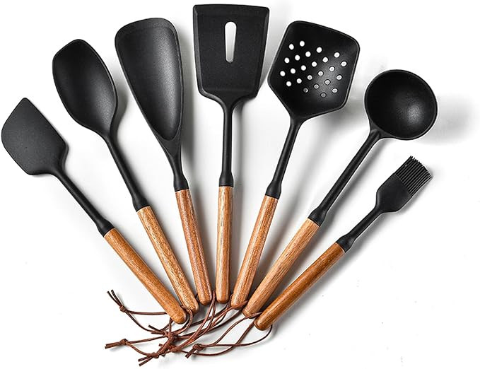 Silicone Cooking Utensils Set, Black Kitchen Utensil Set with Wooden Handle, 446°F Heat Resistant Cookware Utensils Set, Non Scratch Silicone Kitchenware for Nonstick Cookware, 7 Piece Set (Black)