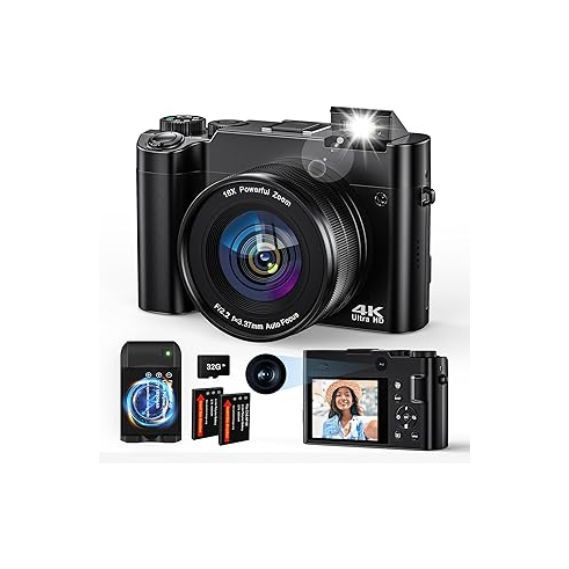 Digital Camera, 4K 64MP Camera for Photography Autofocus Selfie Camera, Vlogging Camera for Youtube with Anti-shake Flash Light 16X Digital Zoom 32G Memory Card