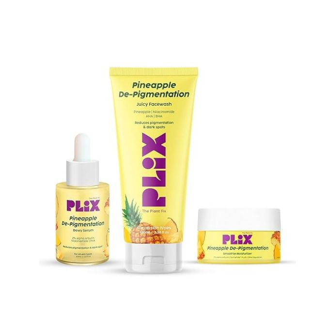 PLIX - THE PLANT FIX Pineapple Pigmentation Skincare Kit For Dark Spot Removal | Cleanser, Face Serum and Moisturizer Combo With 2% Alpha Arbutin For Women & Men, Pack of 3