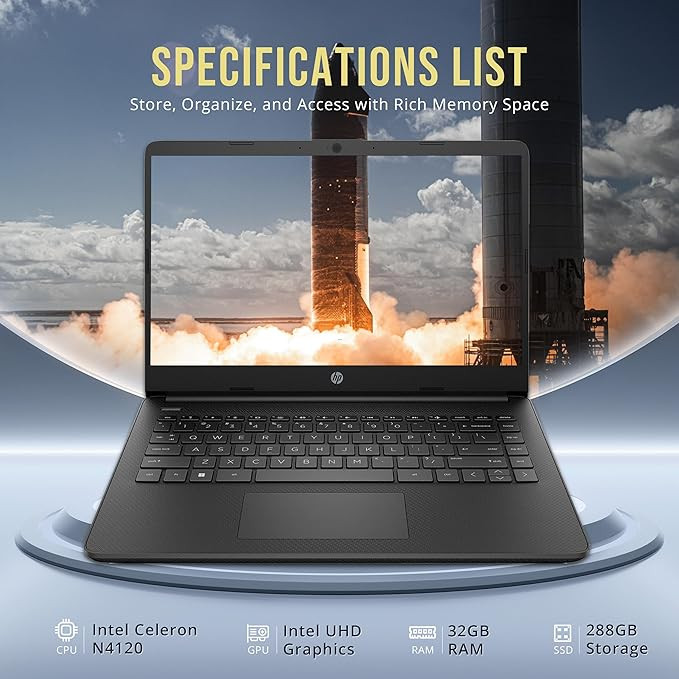 HP Stream 14" HD BrightView Laptop, Intel Celeron N4120, 32GB RAM, 288GB Storage (128GB eMMC + 160GB SSD Docking Station Set), Intel UHD Graphics, HD Webcam, Wi-Fi, 1 Year Office 365, Win 11 S, Black