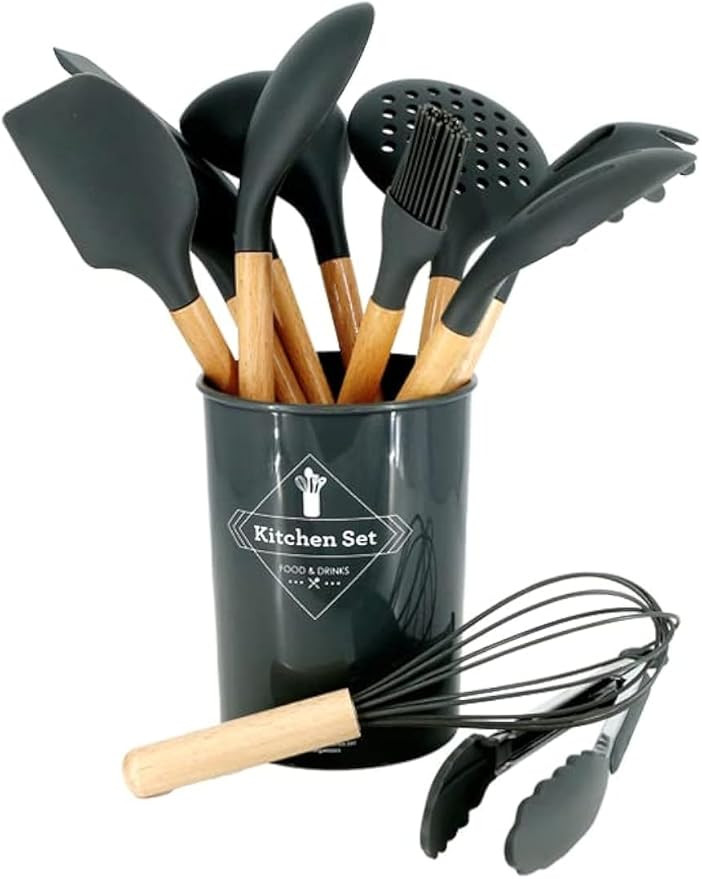 12Pcs Silicone Kitchen set |Wooden Utensils Tool for Nonstick Cookware Cooking Utensils Set with Wood Handles for Nonstick Cookware Baking Tool
