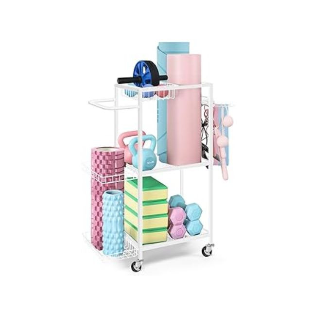LIANTRAL Dumbbell Rack, Yoga Mat Storage Rack, Workout Equipment Storage Rack for Dumbbells Kettlebells Yoga Mat and Balls, Home Gym Storage Organizer with Hooks and Wheels