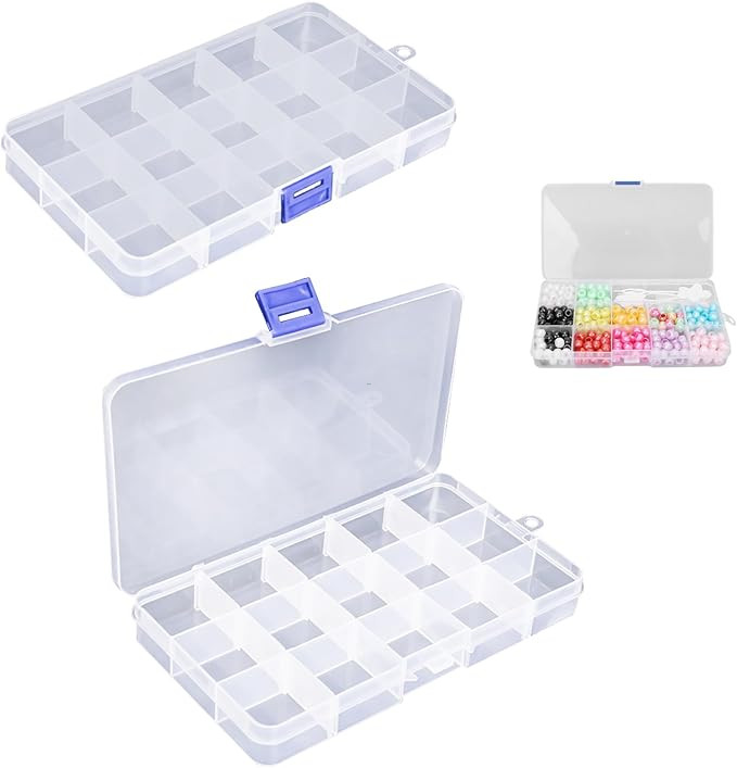 15 Grids Clear Organizer Box, 2pcs Plastic Storage Container with Adjustable Dividers, Crafts Organizer Storage Box for Jewelry, Beads, Hair Accessory, Fishing Tackles, Threads, Small Parts