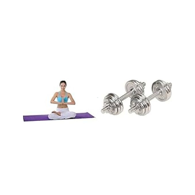 Sunny Health & Fitness Yoga Mat NO. 031-P + 33lb Chrome Dumbbell Set w/Carry Case - NO. 014